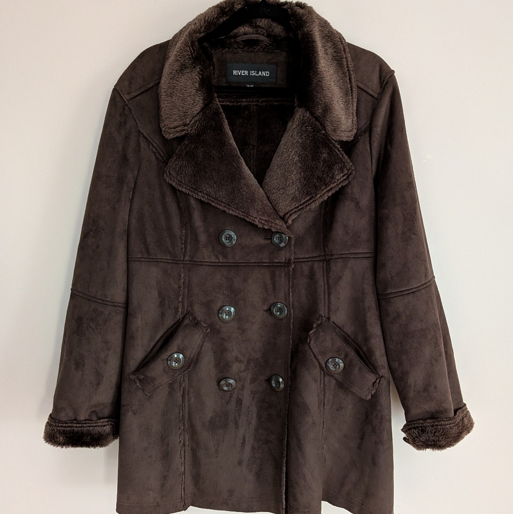 River Island Faux Suede Faux Fur Coat Brown XL Lightweight Jacket